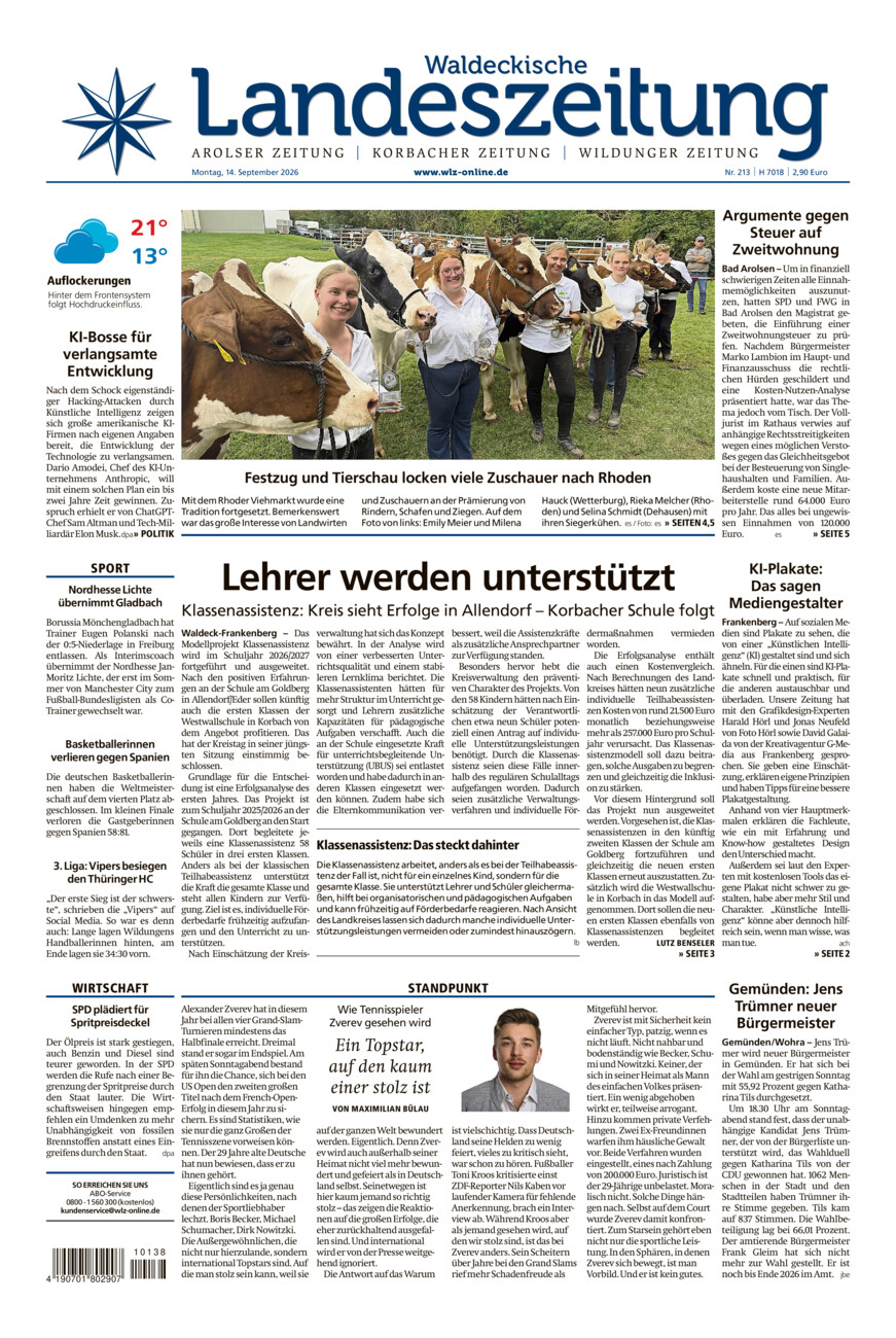 Waldeckische Landeszeitung vom Montag, 14.09.2026
