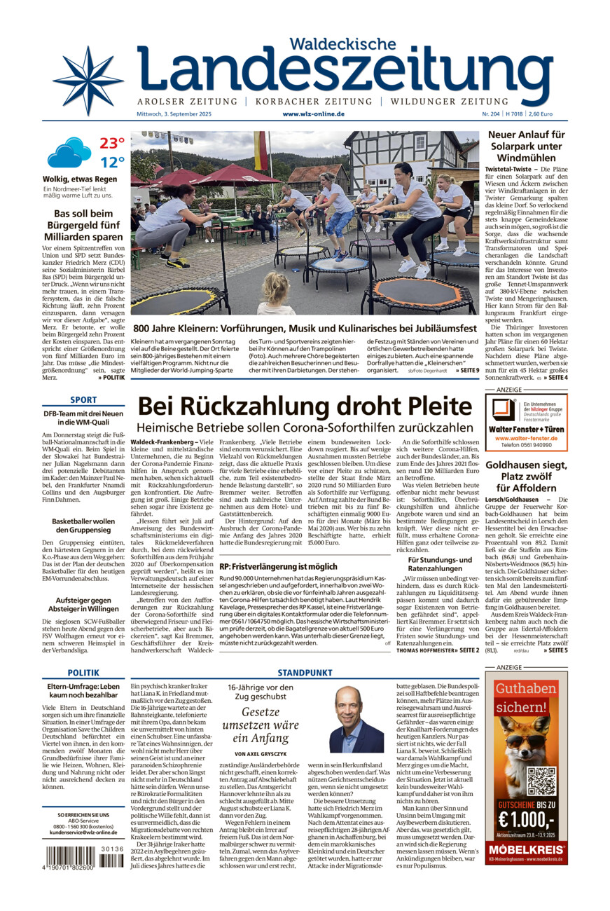 Waldeckische Landeszeitung vom Mittwoch, 03.09.2025