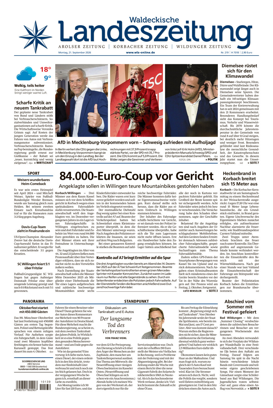 Waldeckische Landeszeitung vom Montag, 21.09.2026