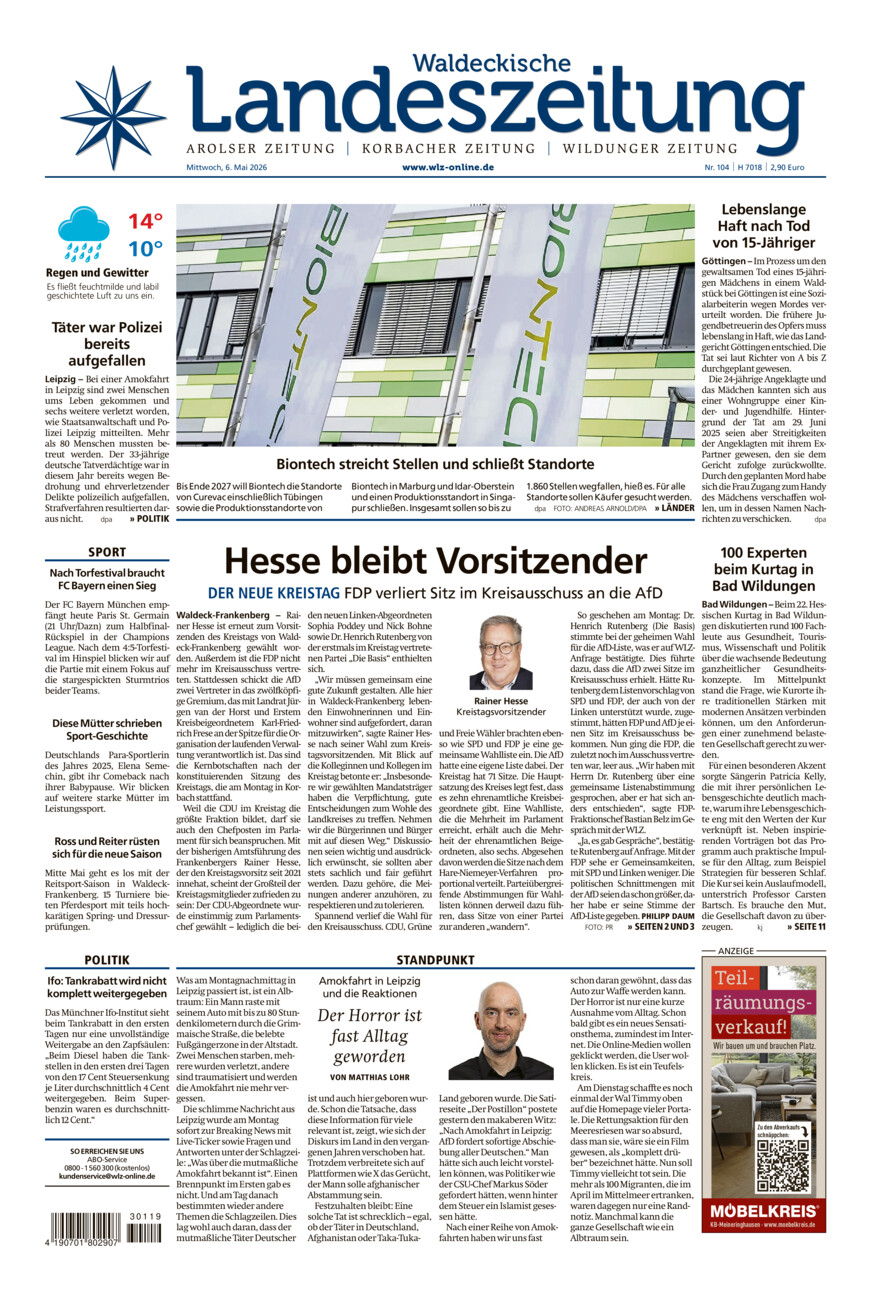 Waldeckische Landeszeitung vom Mittwoch, 06.05.2026