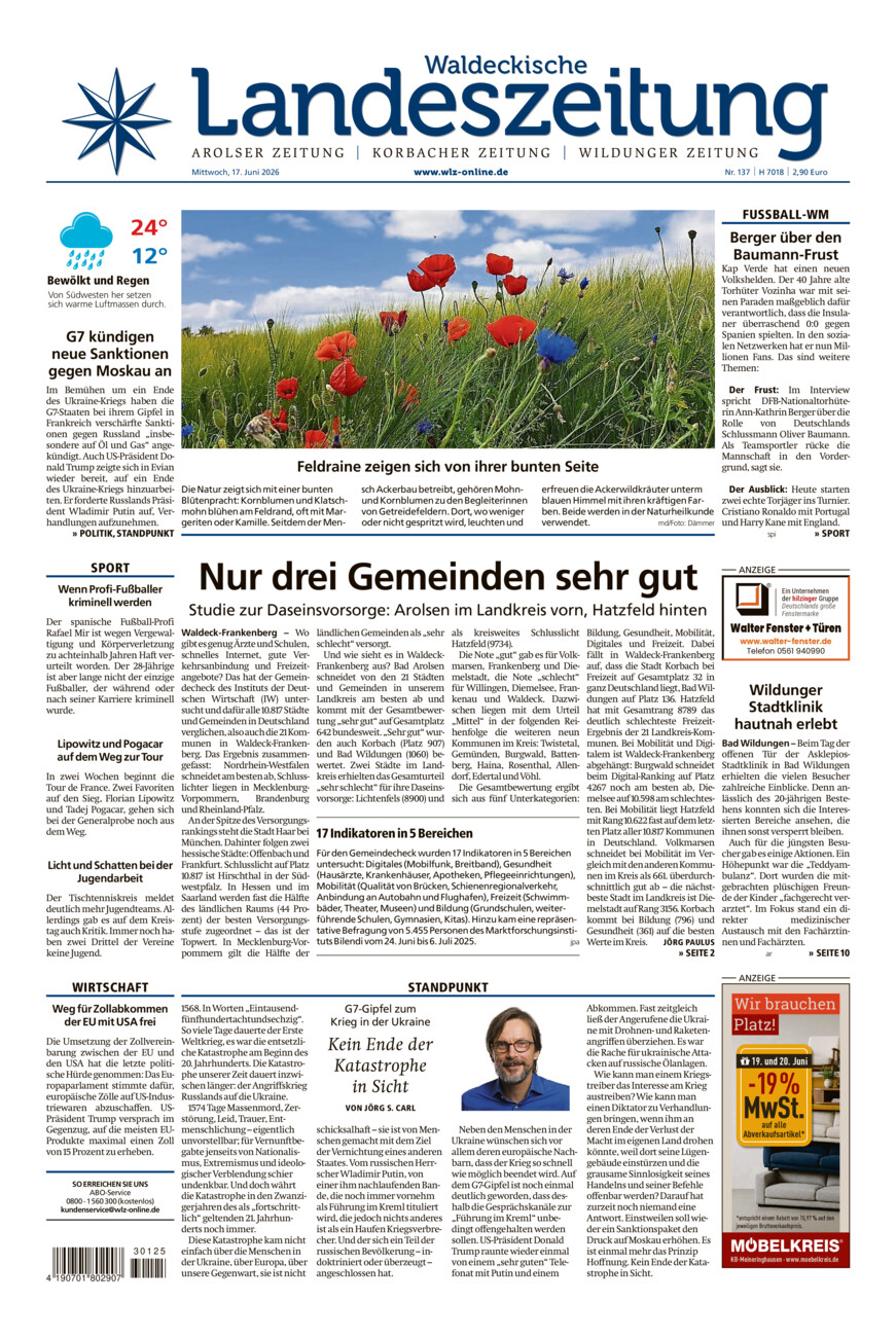Waldeckische Landeszeitung vom Mittwoch, 17.06.2026
