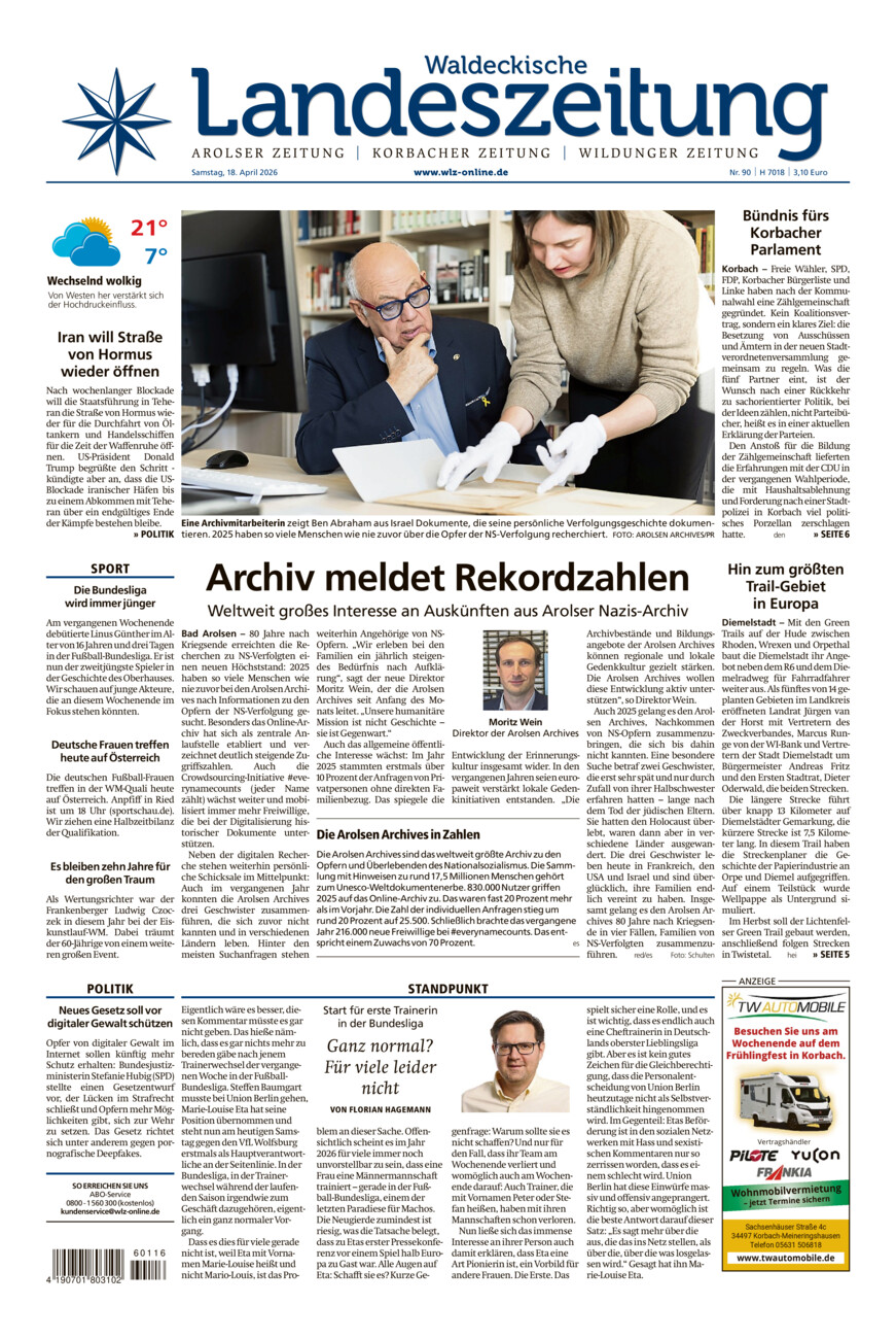 Waldeckische Landeszeitung vom Samstag, 18.04.2026