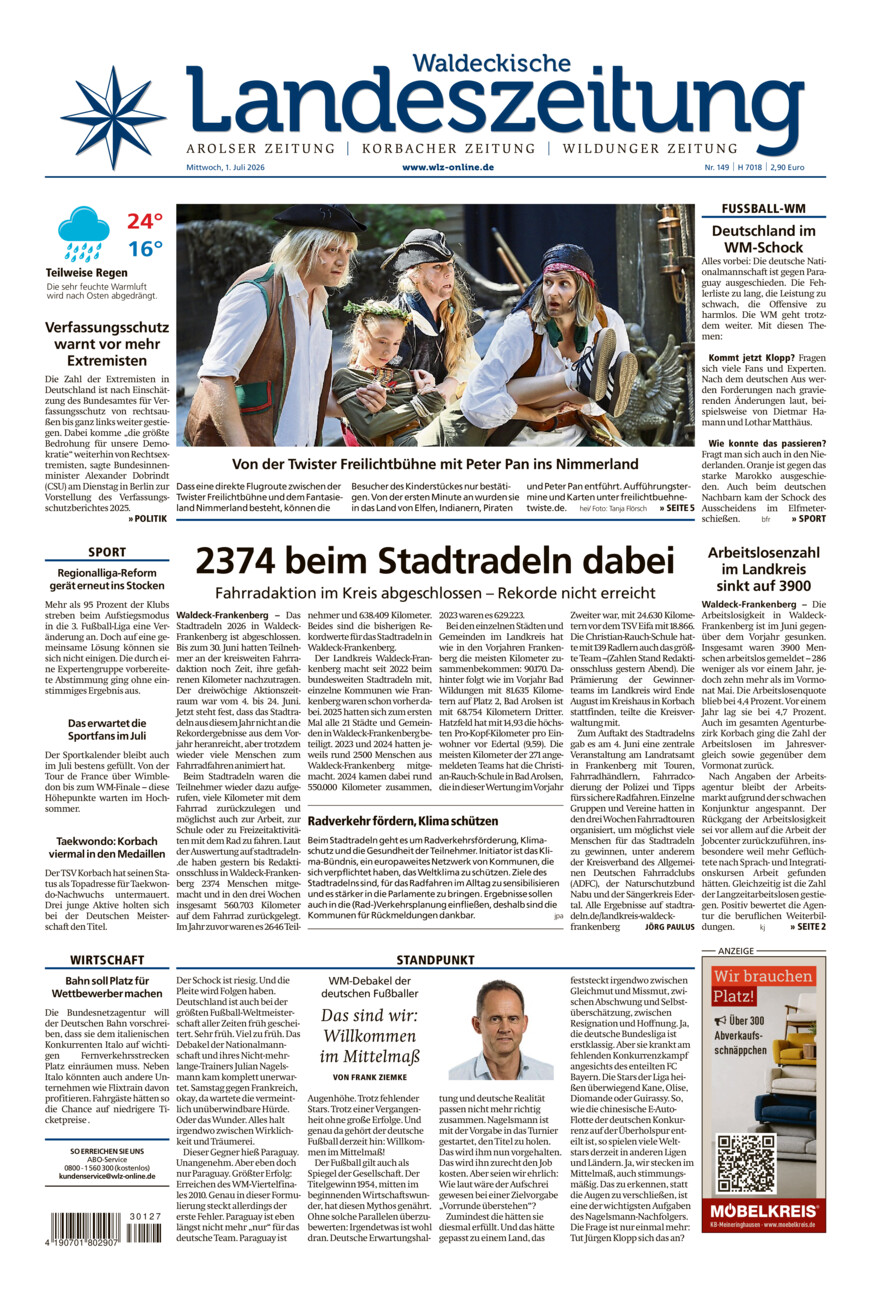 Waldeckische Landeszeitung vom Mittwoch, 01.07.2026
