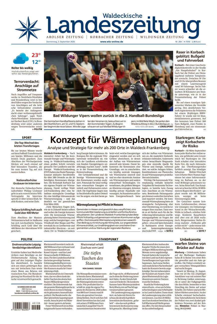 Waldeckische Landeszeitung vom Donnerstag, 03.09.2026