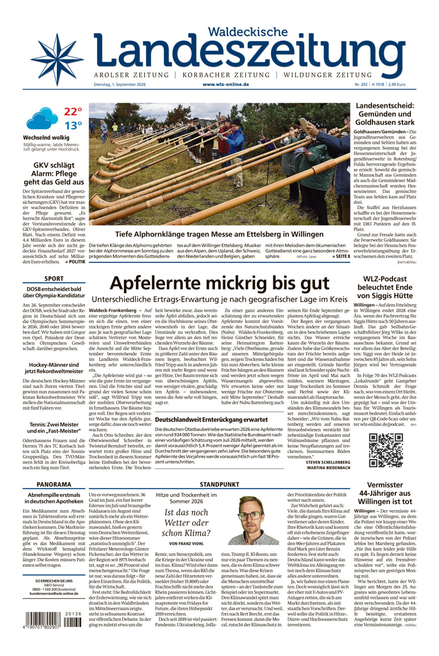 Waldeckische Landeszeitung vom Dienstag, 01.09.2026