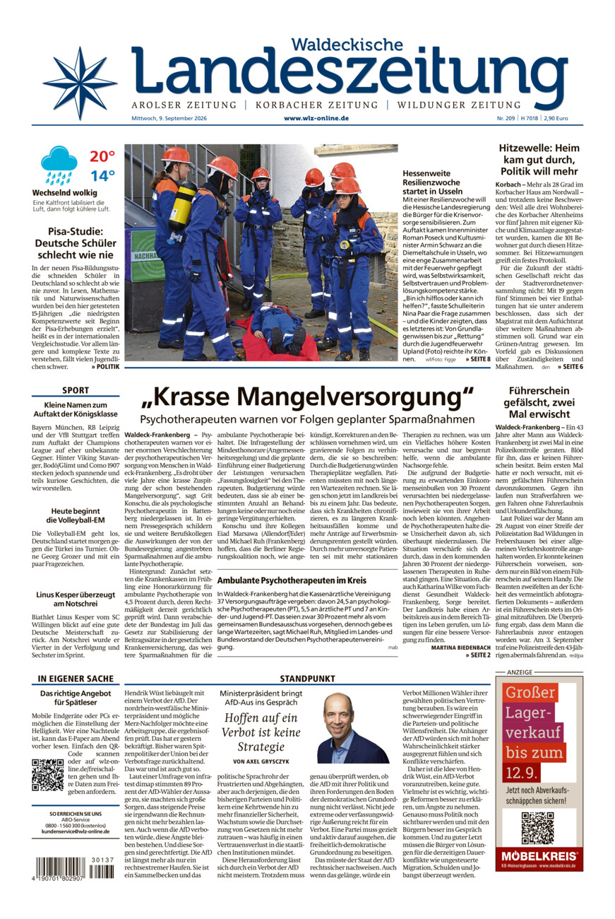 Waldeckische Landeszeitung vom Mittwoch, 09.09.2026