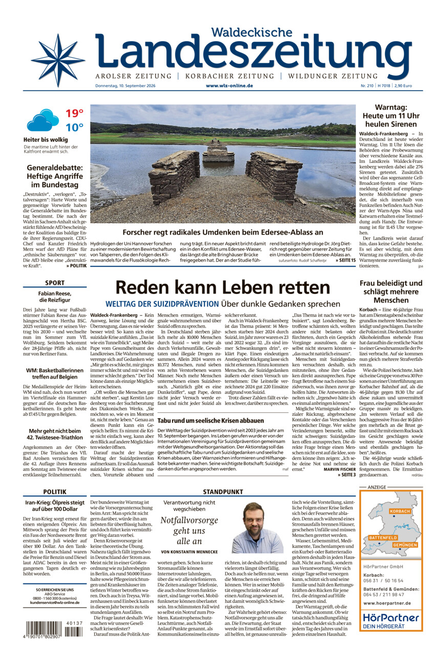 Waldeckische Landeszeitung vom Donnerstag, 10.09.2026