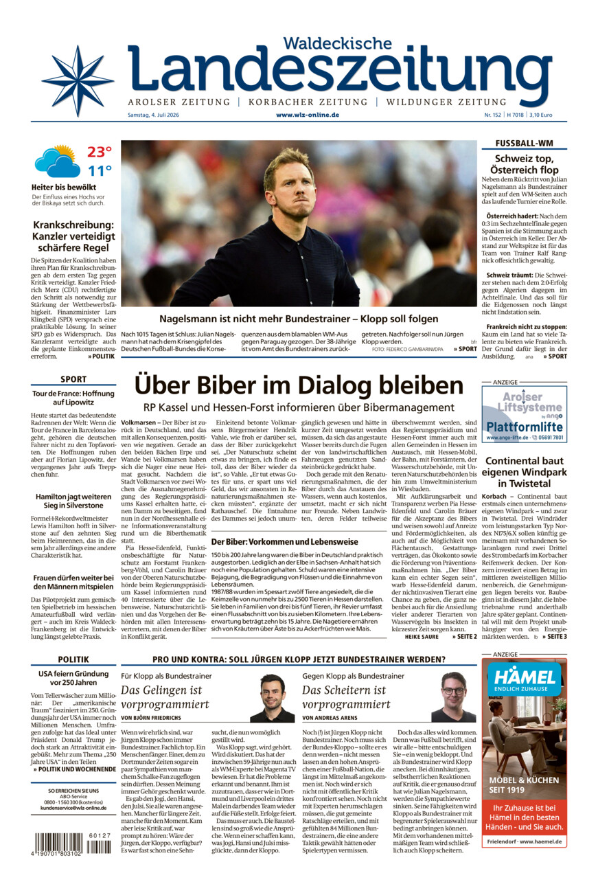 Waldeckische Landeszeitung vom Samstag, 04.07.2026