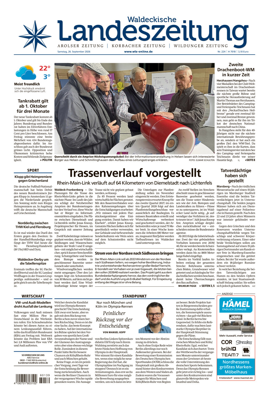 Waldeckische Landeszeitung vom Samstag, 26.09.2026