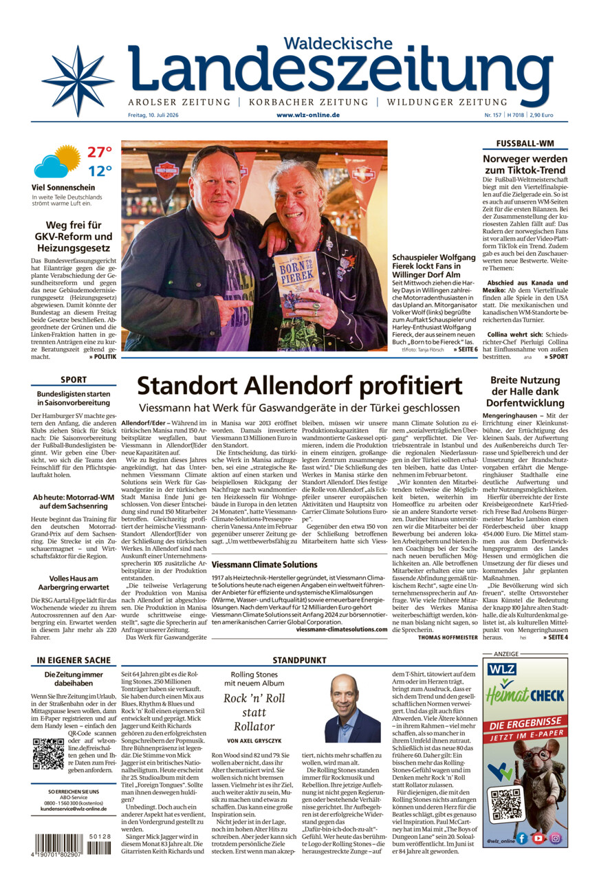 Waldeckische Landeszeitung vom Freitag, 10.07.2026