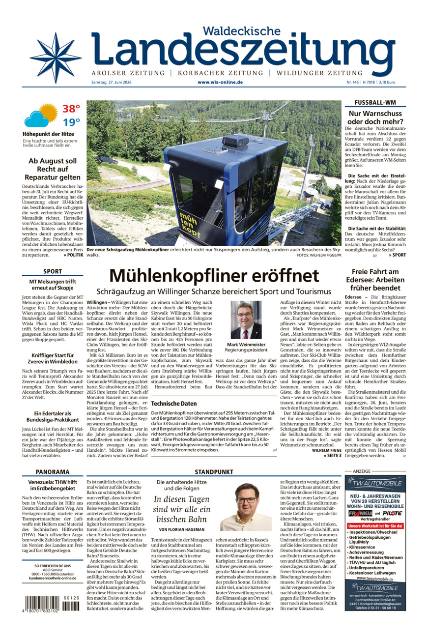 Waldeckische Landeszeitung vom Samstag, 27.06.2026