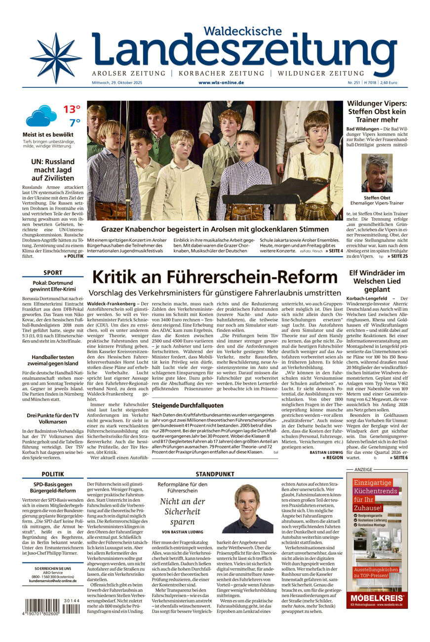Waldeckische Landeszeitung vom Mittwoch, 29.10.2025