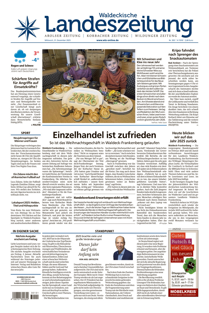 Waldeckische Landeszeitung vom Mittwoch, 31.12.2025