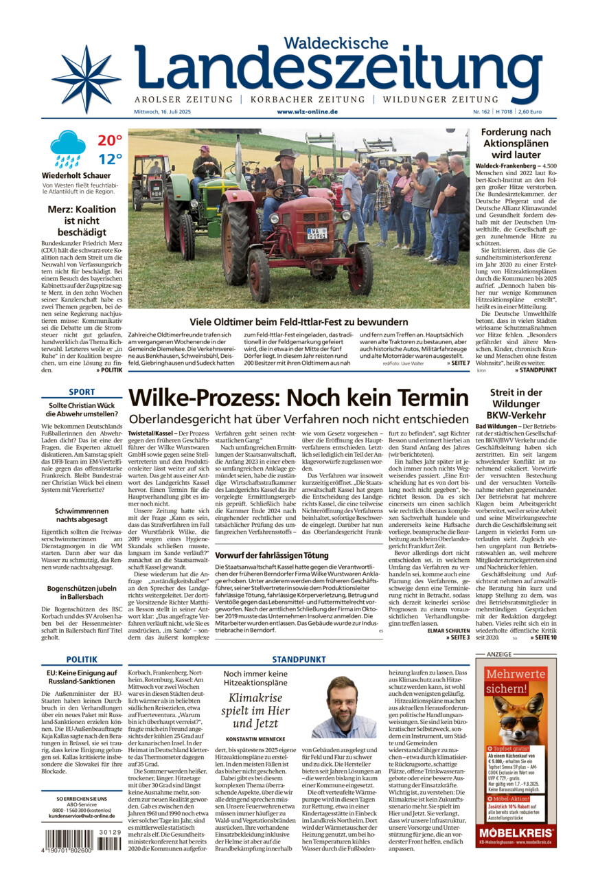 Waldeckische Landeszeitung vom Mittwoch, 16.07.2025