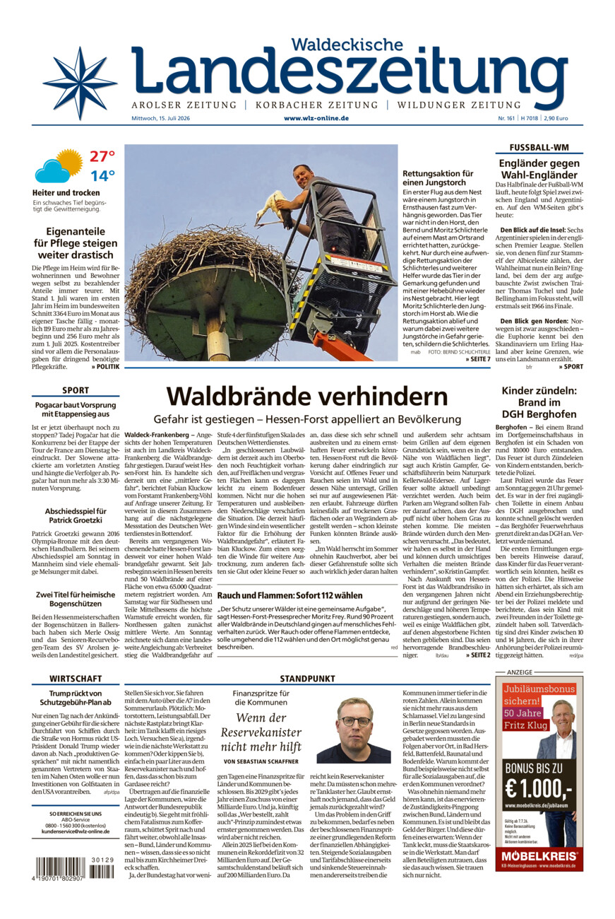 Waldeckische Landeszeitung vom Mittwoch, 15.07.2026