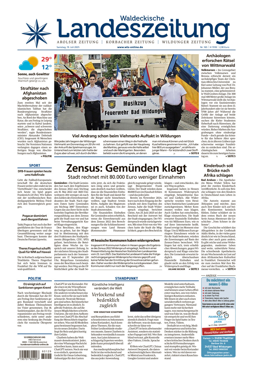Waldeckische Landeszeitung vom Samstag, 19.07.2025