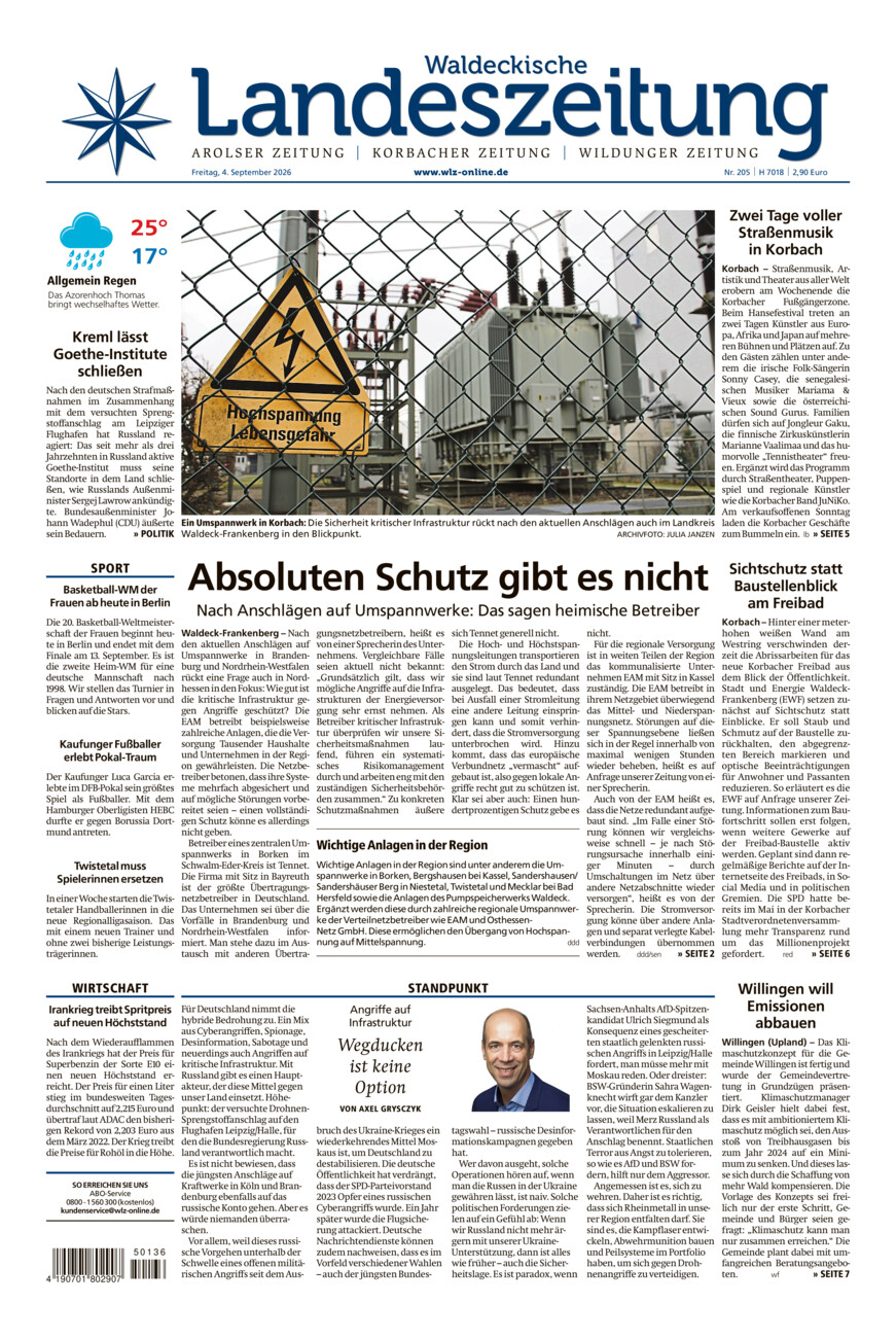 Waldeckische Landeszeitung vom Freitag, 04.09.2026