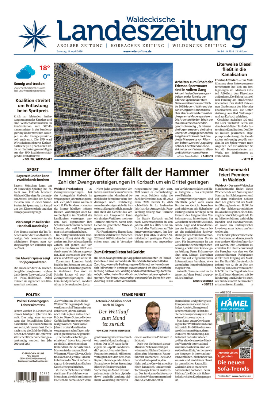 Waldeckische Landeszeitung vom Samstag, 11.04.2026