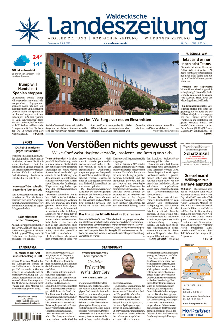 Waldeckische Landeszeitung vom Donnerstag, 09.07.2026