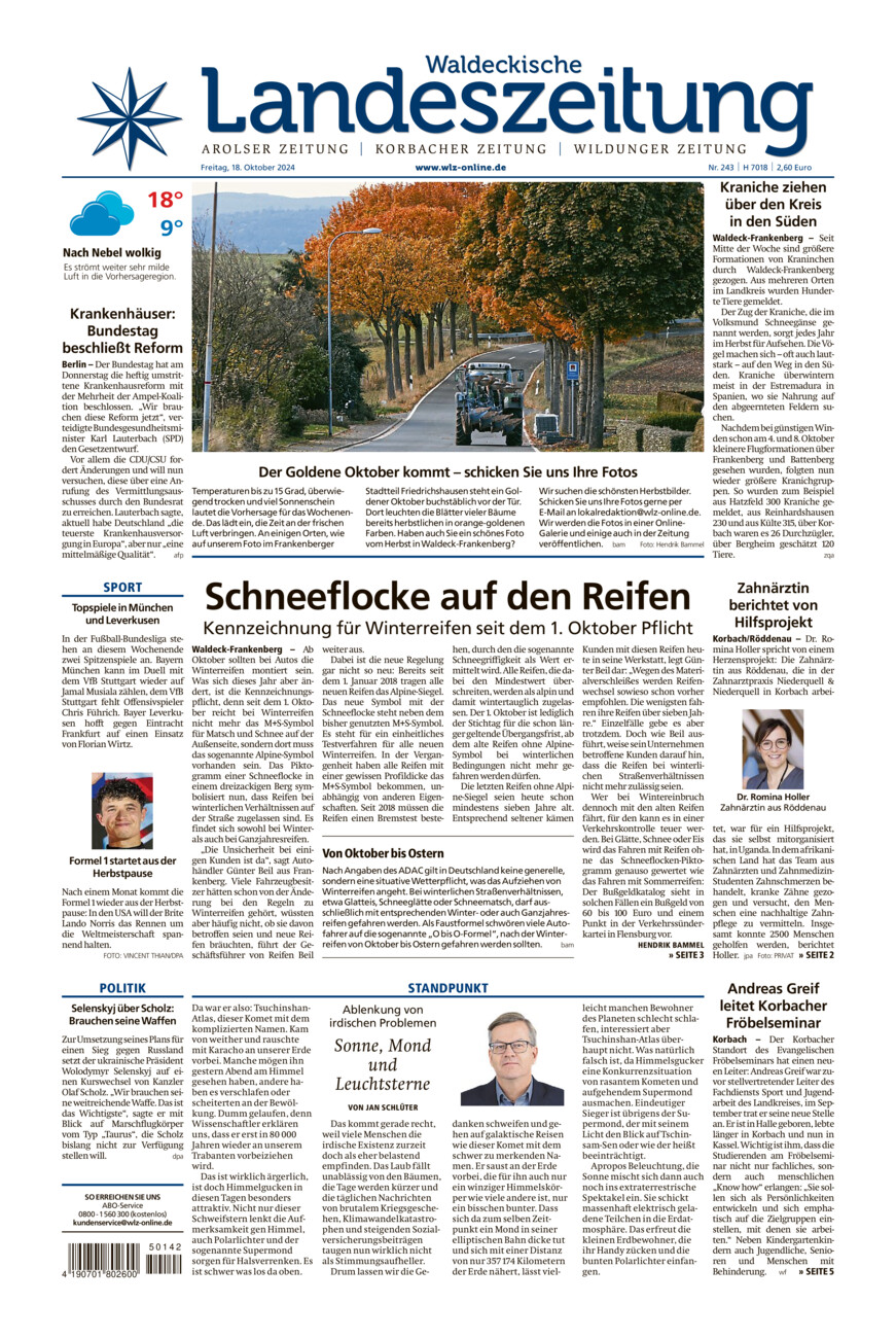 Waldeckische Landeszeitung vom Freitag, 18.10.2024