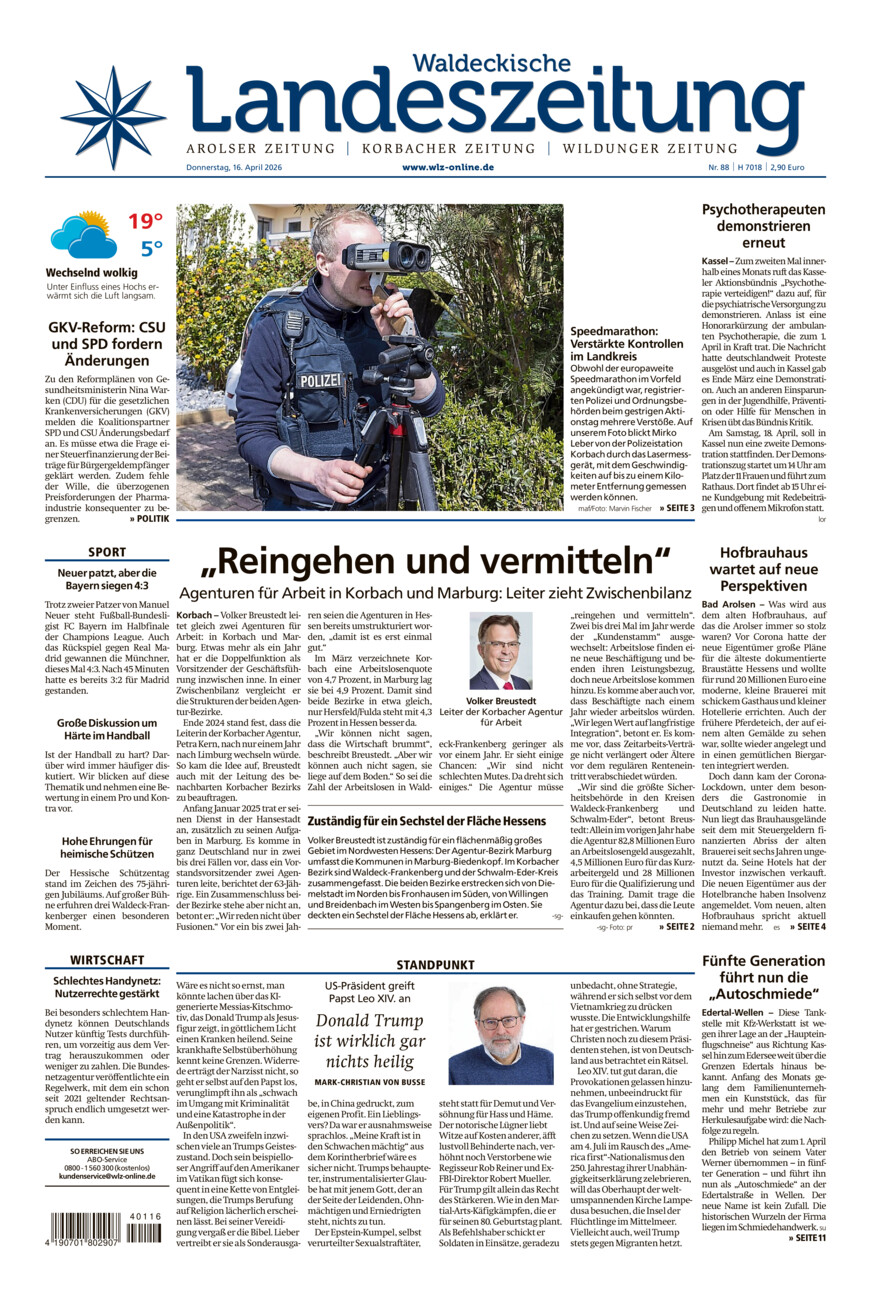 Waldeckische Landeszeitung vom Donnerstag, 16.04.2026