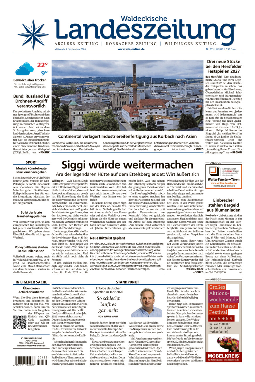 Waldeckische Landeszeitung vom Mittwoch, 02.09.2026