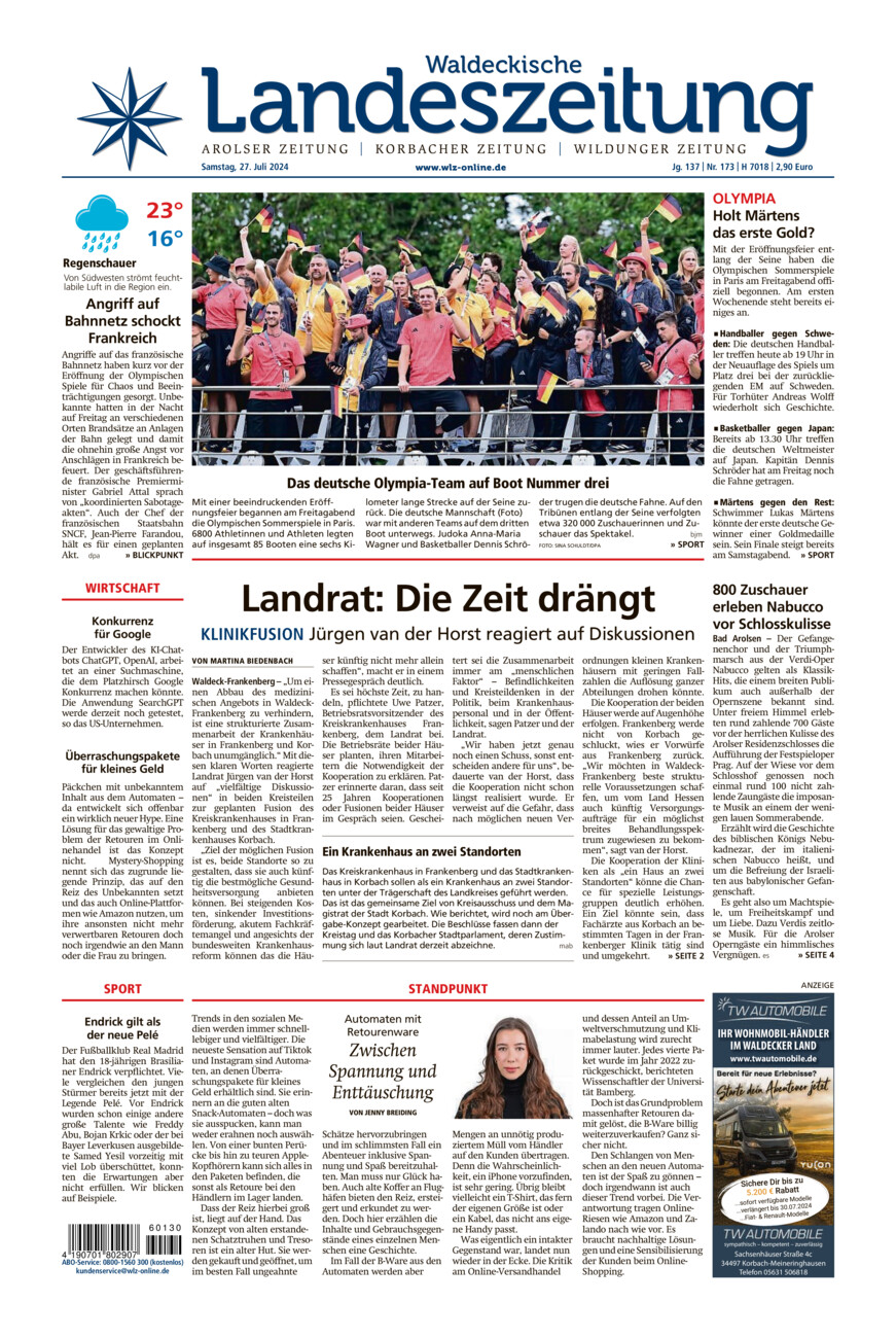 Waldeckische Landeszeitung vom Samstag, 27.07.2024
