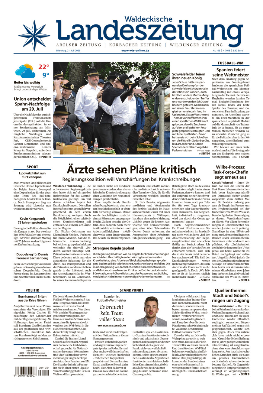 Waldeckische Landeszeitung vom Dienstag, 21.07.2026