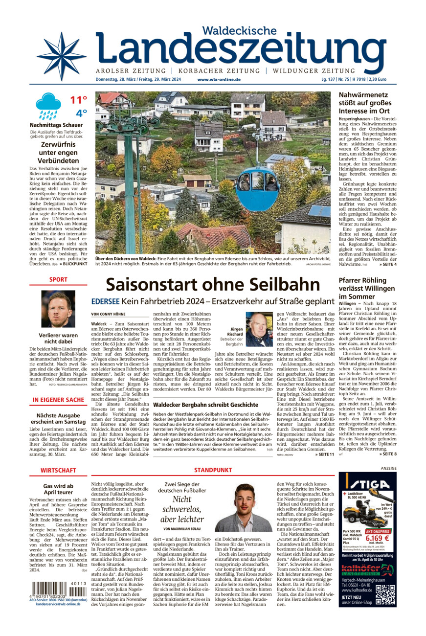 Waldeckische Landeszeitung vom Donnerstag, 28.03.2024
