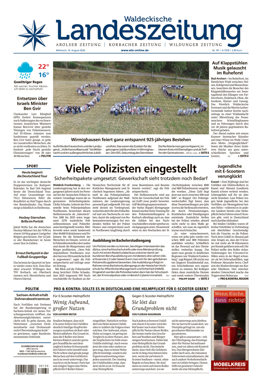Waldeckische Landeszeitung vom Mittwoch, 19.08.2026