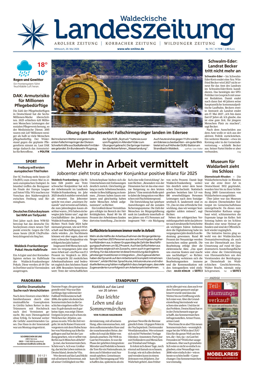 Waldeckische Landeszeitung vom Mittwoch, 20.05.2026