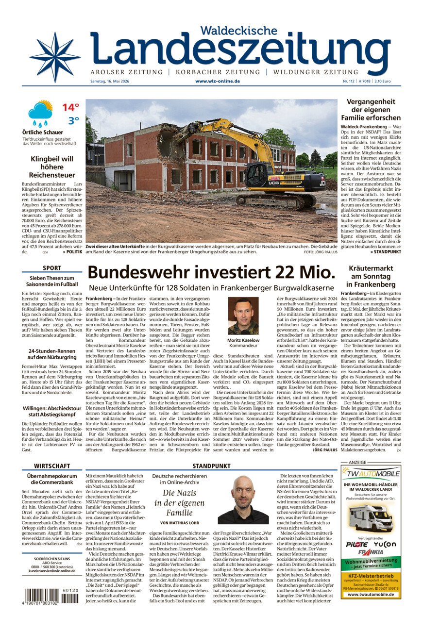 Waldeckische Landeszeitung vom Samstag, 16.05.2026