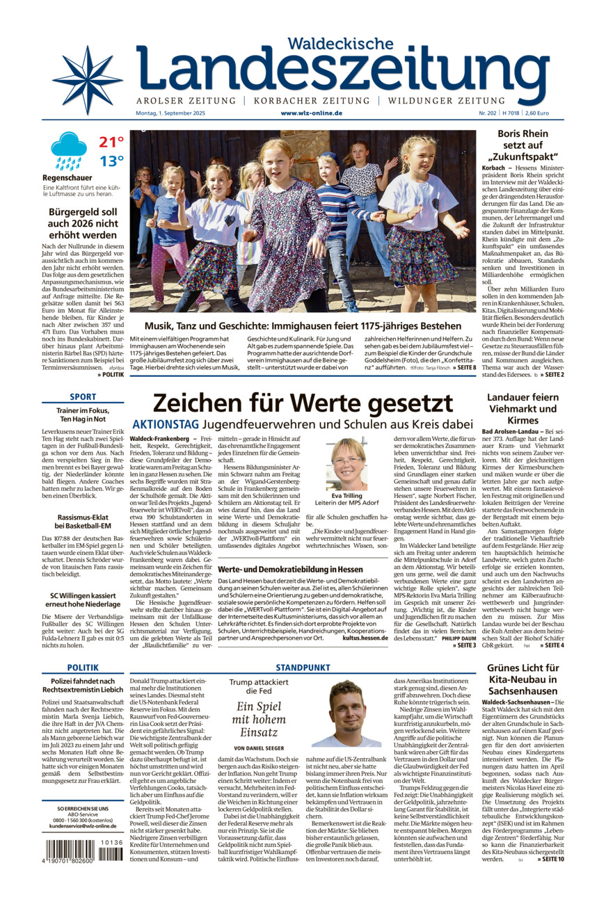 Waldeckische Landeszeitung vom Montag, 01.09.2025