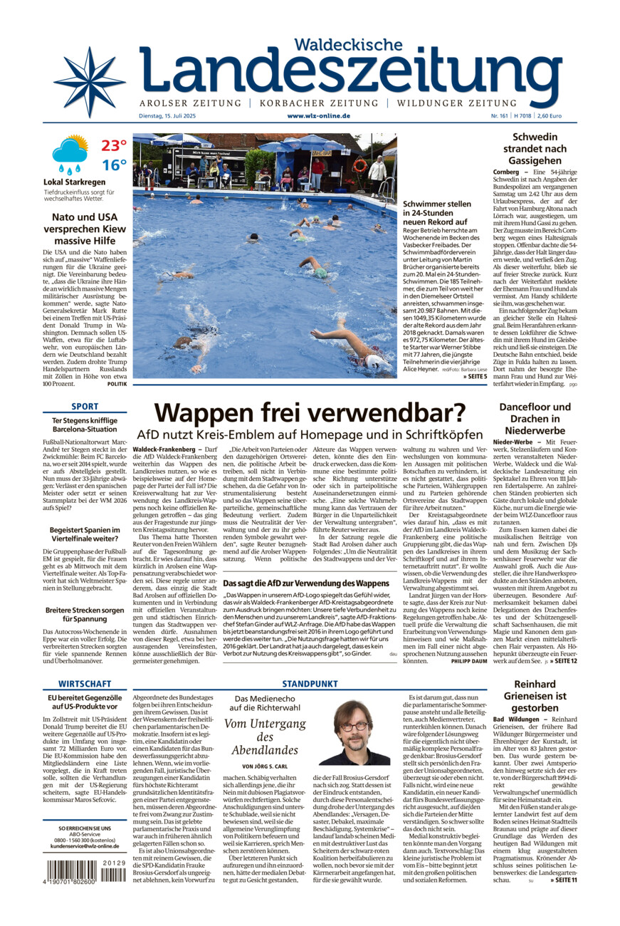 Waldeckische Landeszeitung vom Dienstag, 15.07.2025