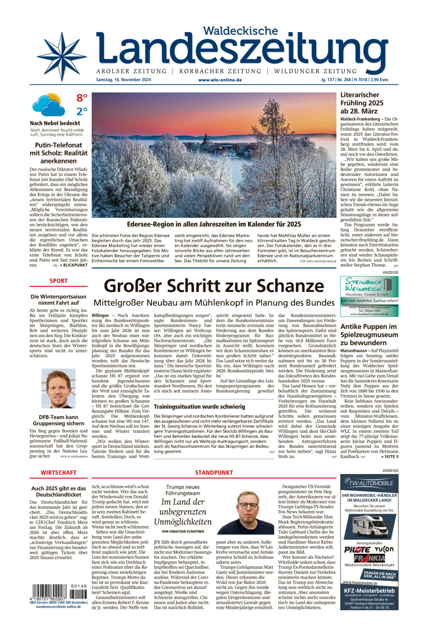 Waldeckische Landeszeitung vom Samstag, 16.11.2024