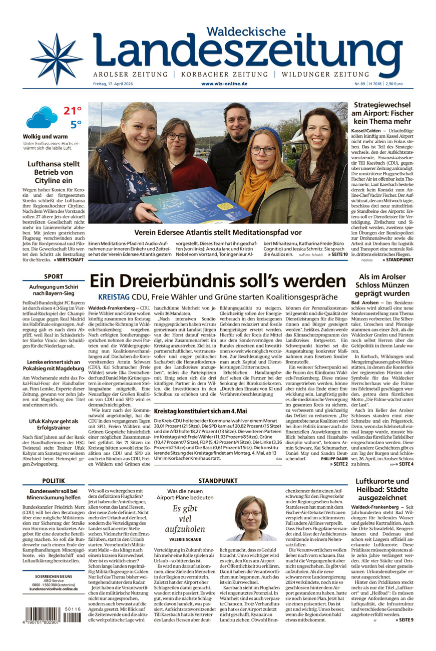 Waldeckische Landeszeitung vom Freitag, 17.04.2026