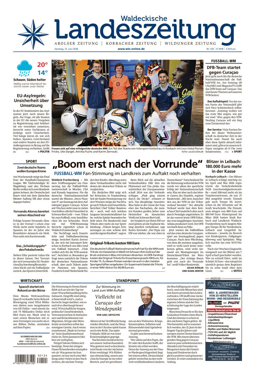 Waldeckische Landeszeitung vom Samstag, 13.06.2026