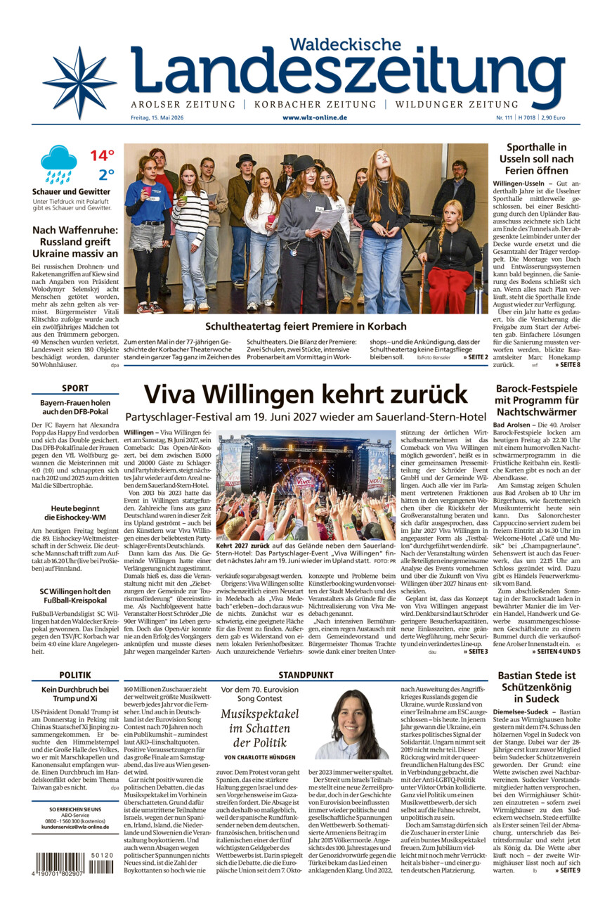Waldeckische Landeszeitung vom Freitag, 15.05.2026