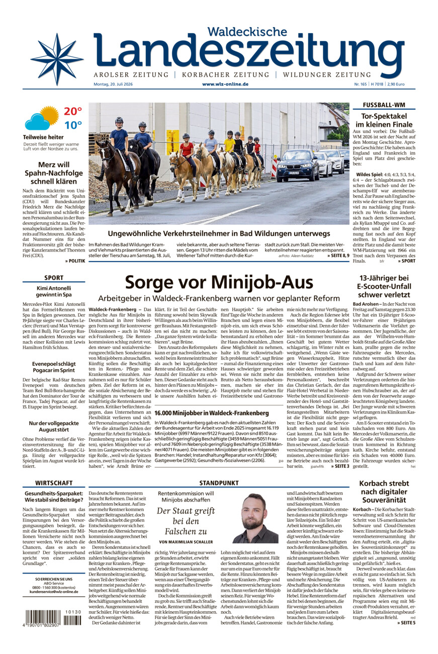 Waldeckische Landeszeitung vom Montag, 20.07.2026