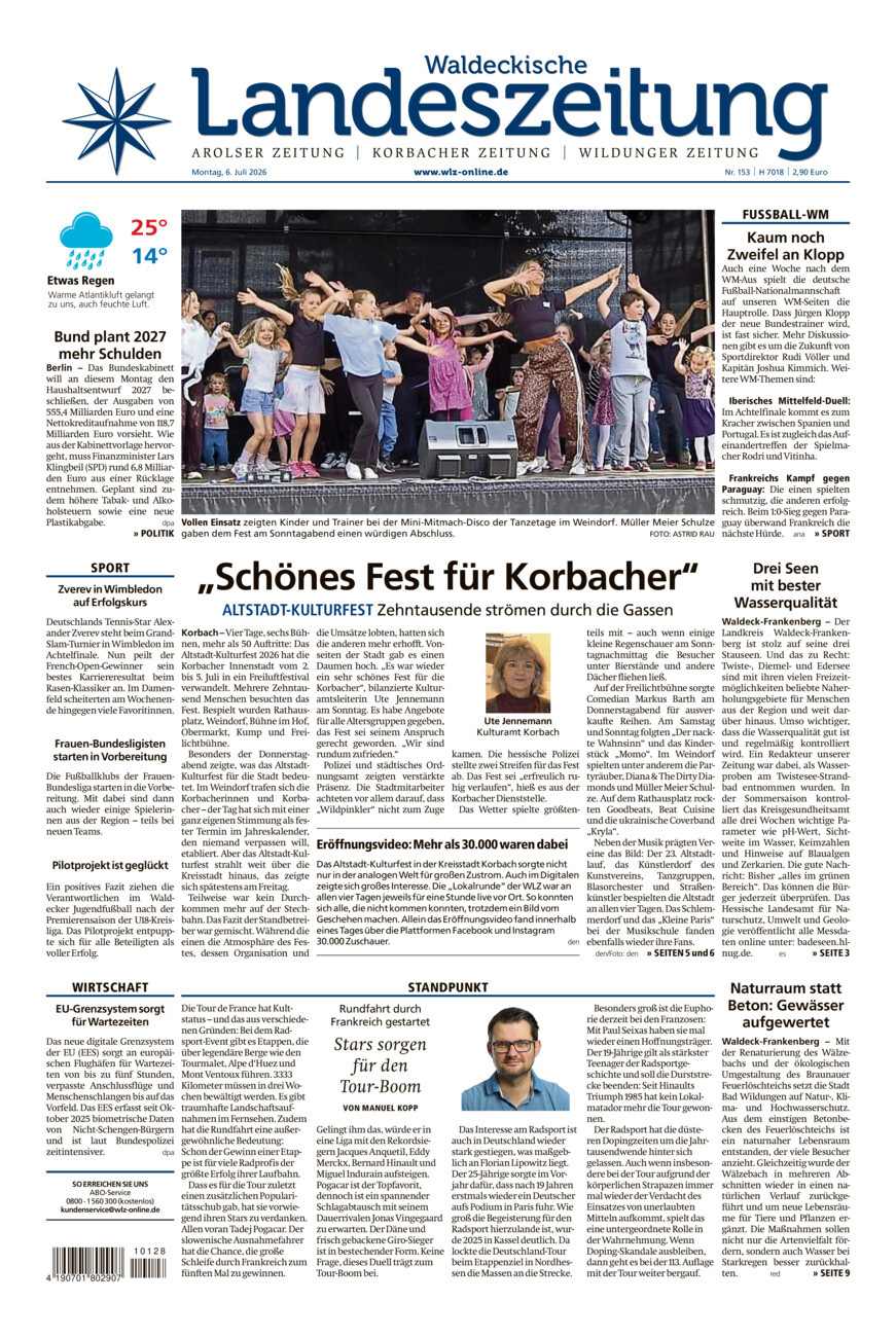 Waldeckische Landeszeitung vom Montag, 06.07.2026