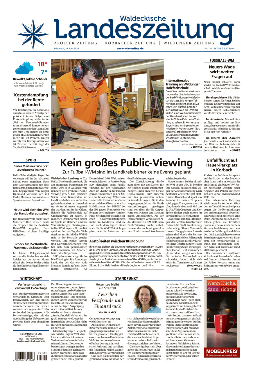 Waldeckische Landeszeitung vom Mittwoch, 10.06.2026