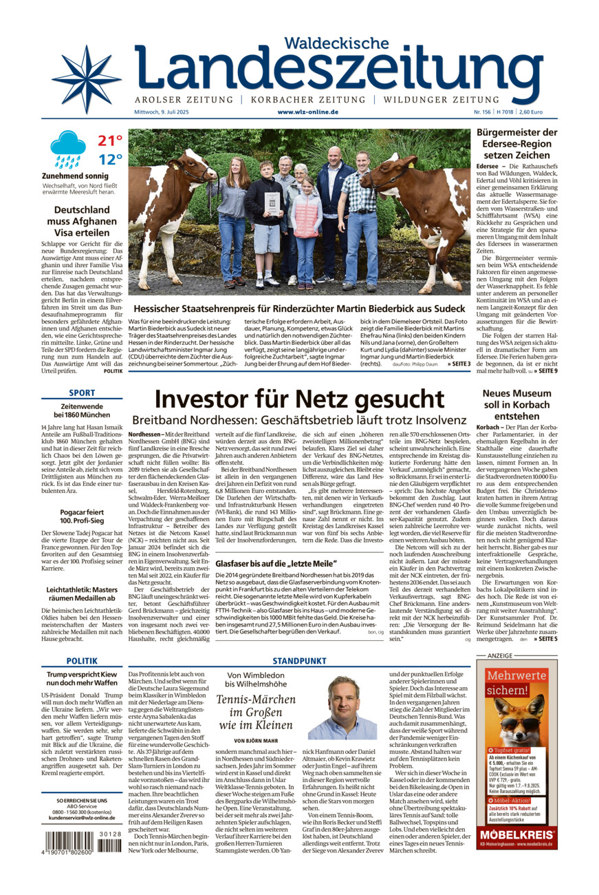 Waldeckische Landeszeitung vom Mittwoch, 09.07.2025