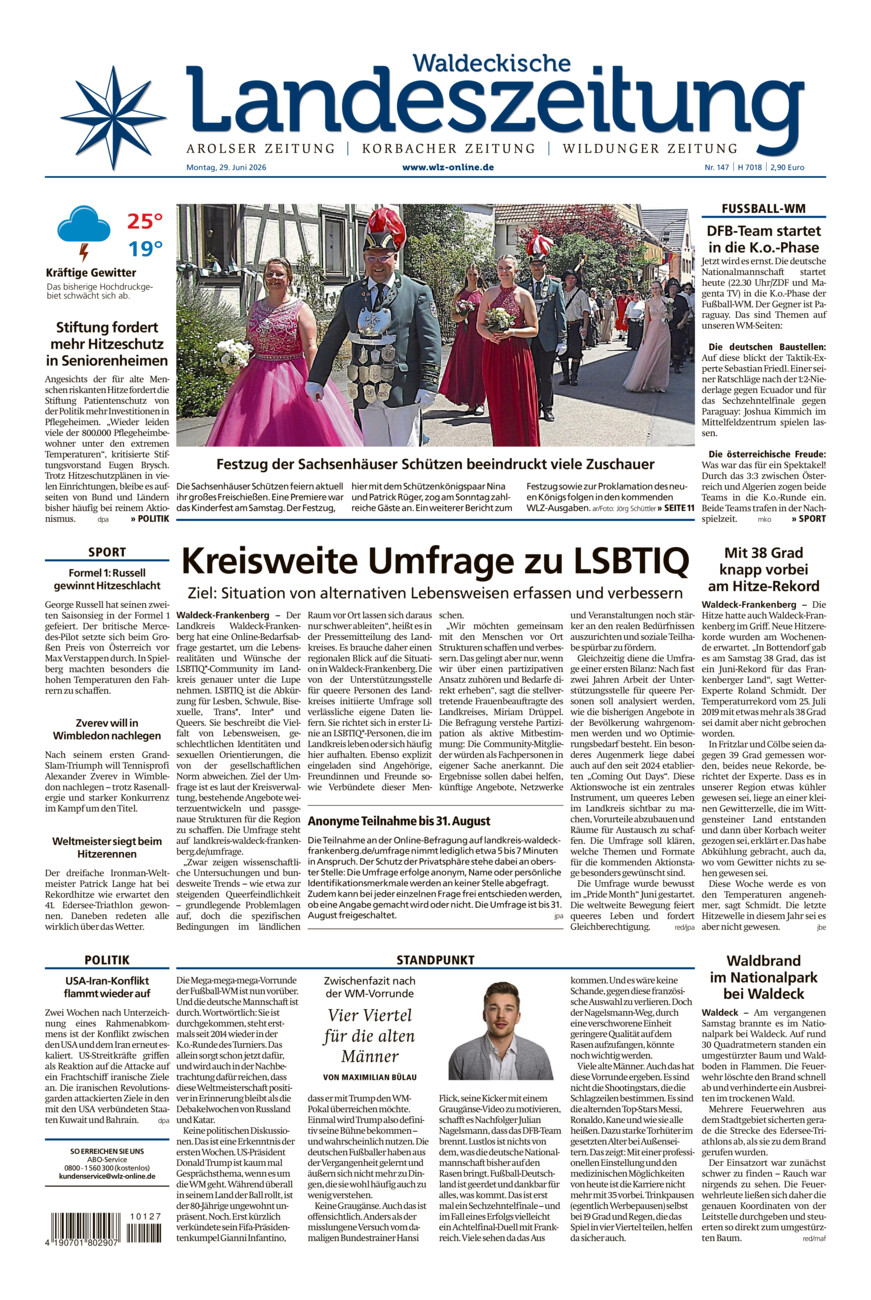 Waldeckische Landeszeitung vom Montag, 29.06.2026