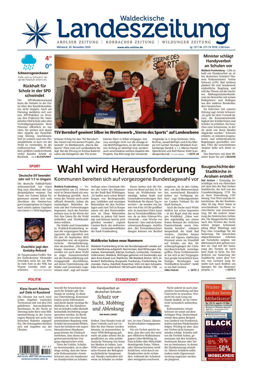 Waldeckische Landeszeitung vom Mittwoch, 20.11.2024