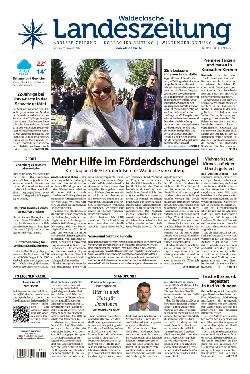 Waldeckische Landeszeitung vom Montag, 31.08.2026