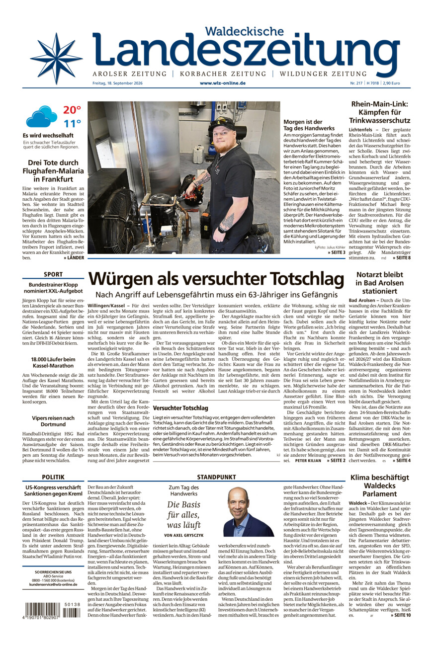 Waldeckische Landeszeitung vom Freitag, 18.09.2026